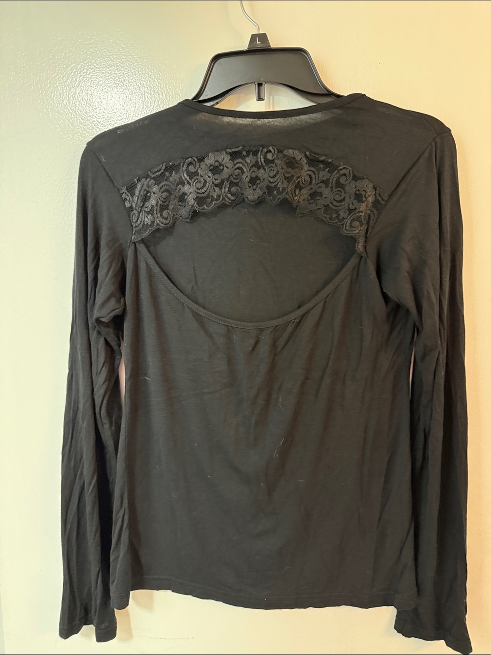 Women's Black Long Sleeve Top with cut out Lace front Detail